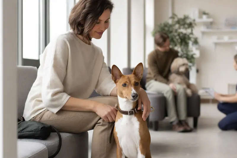 Ein Basenji sitzt ruhig neben seinem Besitzer im hellen Wartezimmer einer modernen Tierarztpraxis.